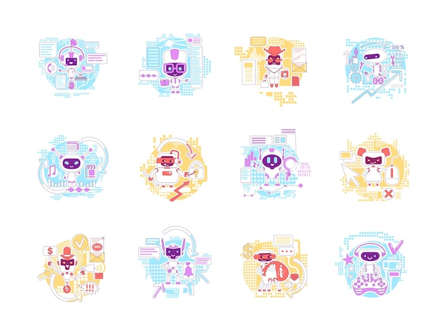 Conjunto de ilustraciones de concepto de línea fina de bots buenos y malos. Personajes de dibujos animados 2D de robots de Internet para diseño web. Asistentes personales de IA. Software de robo de información ideas creativas