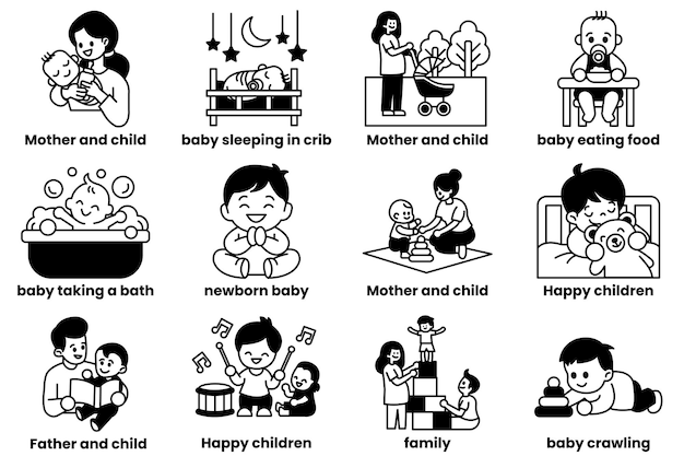 Conjunto de ilustraciones en el concepto de madre e hijo en el estilo de dibujo en línea