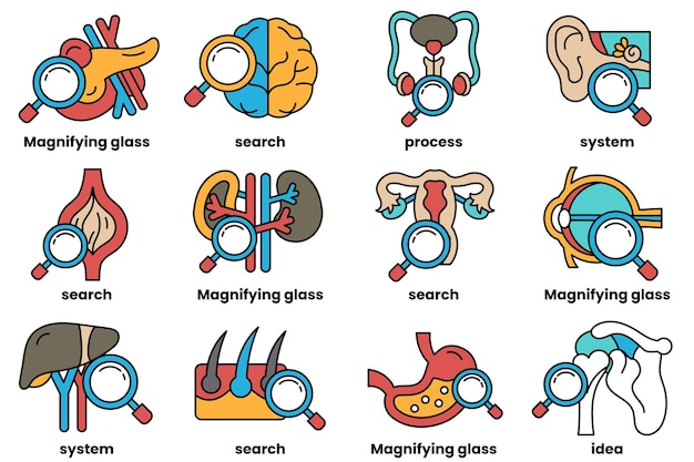 Conjunto de ilustraciones en el concepto de medicina y ciencia en el estilo de arte de línea