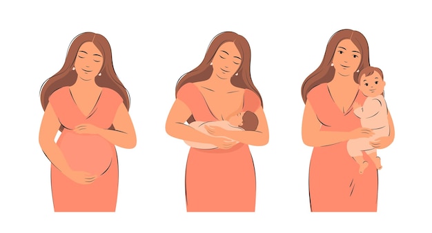 Conjunto de ilustraciones conceptuales de embarazo, lactancia materna y maternidad