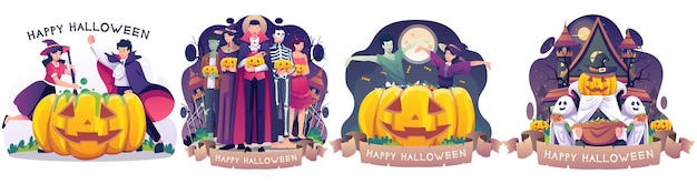 Conjunto de ilustraciones conceptuales de Halloween con personas disfrazadas celebrando la ilustración de Halloween