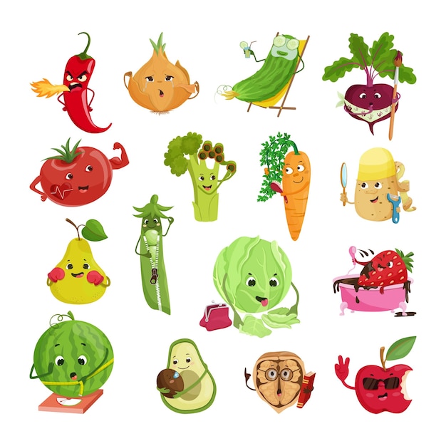 Conjunto de ilustraciones conceptuales con verduras y frutas.