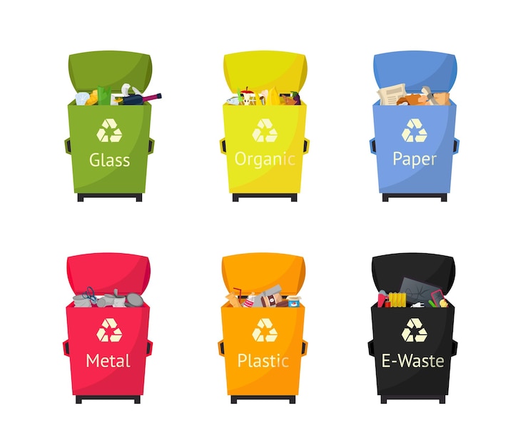 Vector conjunto de ilustraciones de contenedores de clasificación de basura contenedores de basura para materiales de papel de vidrio plástico reutilización elemento de diseño de dibujos animados