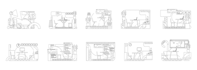 Conjunto de ilustraciones de contorno de interior de oficina. Composiciones de contorno de lugar de trabajo de empleado sobre fondo blanco. Estudio creativo, espacio de coworking colección de dibujos de estilo simple