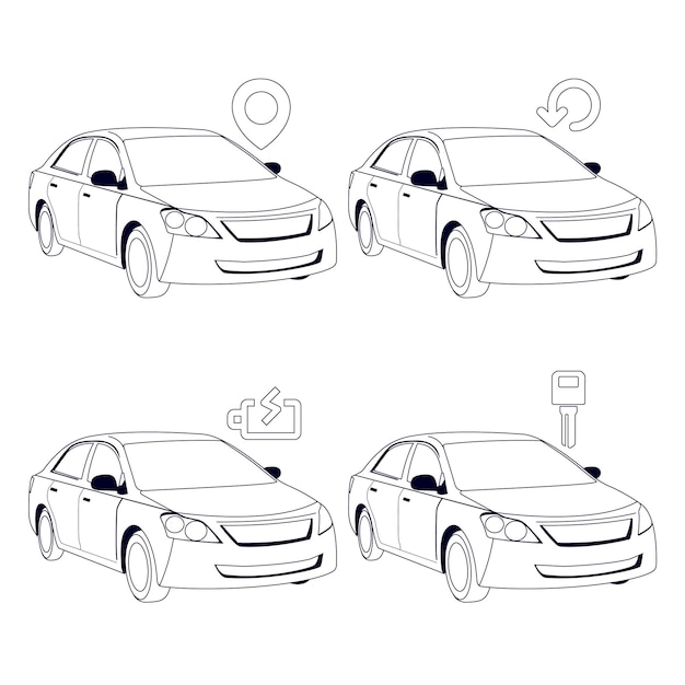 Conjunto de ilustraciones de contorno de sedán con iconos