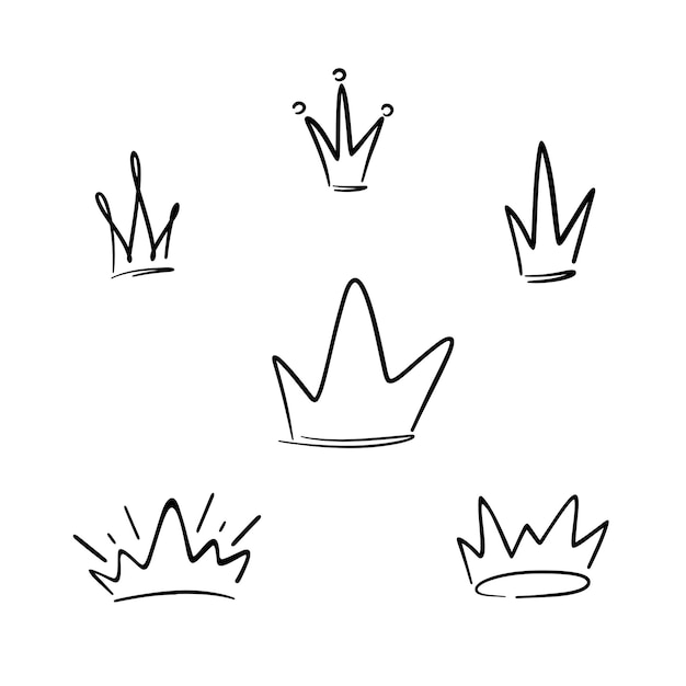 Conjunto de ilustraciones de coronas con una línea de marcador dibujada a mano aislada en un garabato vectorial blanco