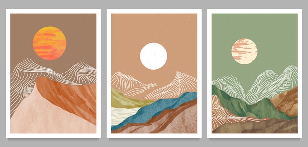 Conjunto de ilustraciones creativas minimalistas pintadas a mano de mediados de siglo moderno paisaje abstracto natural fondo montaña desierto bosque mar cielo sol y río