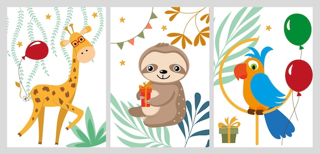 Vector un conjunto de ilustraciones creativas para niños dibujadas a mano en un estilo plano con un perezoso, un loro y una jirafa. felicitaciones por los animales lindos.