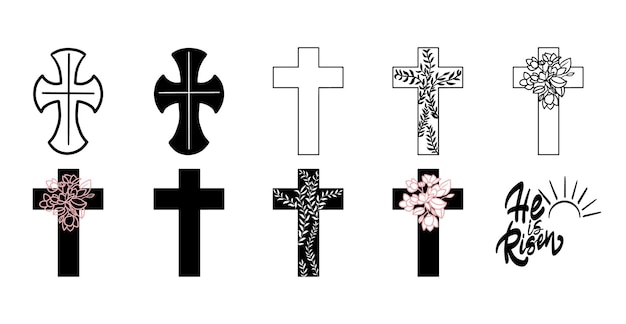 Conjunto de ilustraciones de cruces vectoriales dibujadas a mano de siluetas de cruces cristianas