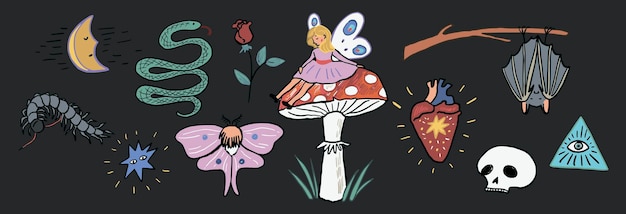 Conjunto de ilustraciones de cuento místico de Halloween