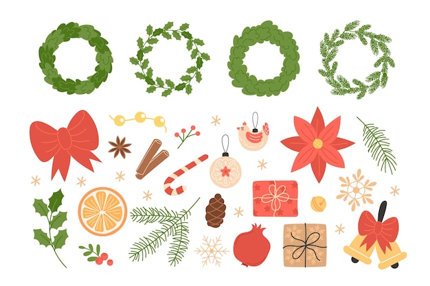 Conjunto de ilustraciones para decorar las coronas navideñas