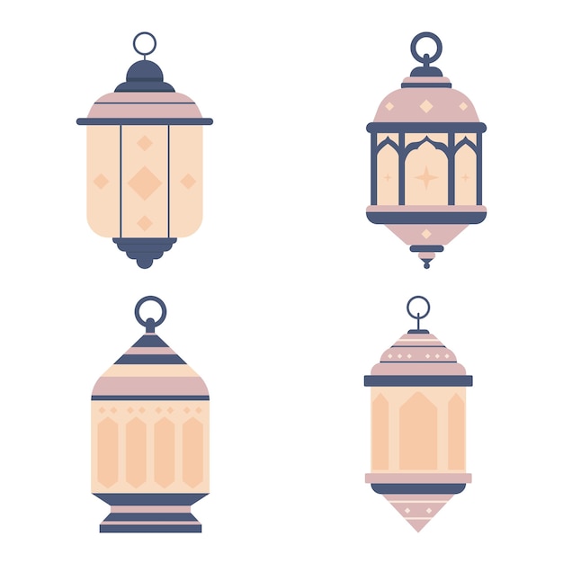 Conjunto de ilustraciones decorativas de linternas púrpuras pastel