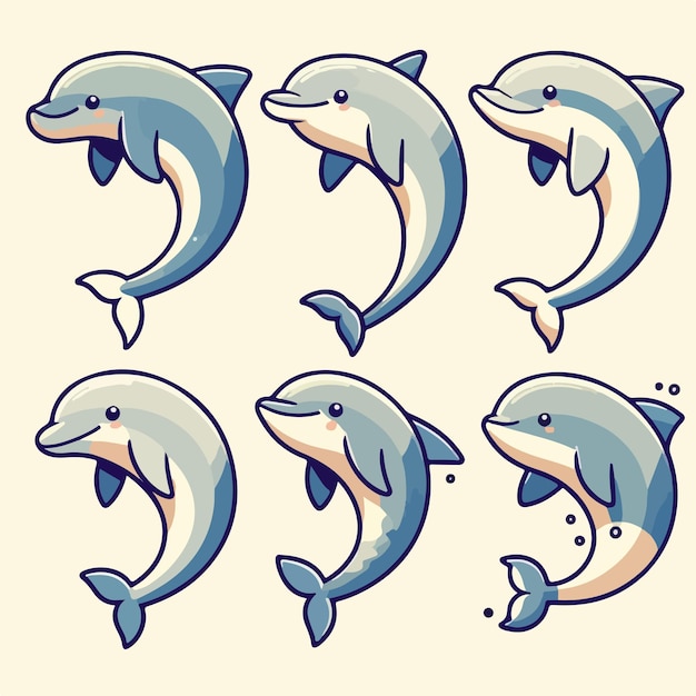 Conjunto de ilustraciones de delfines en un estilo de dibujos animados plano simple