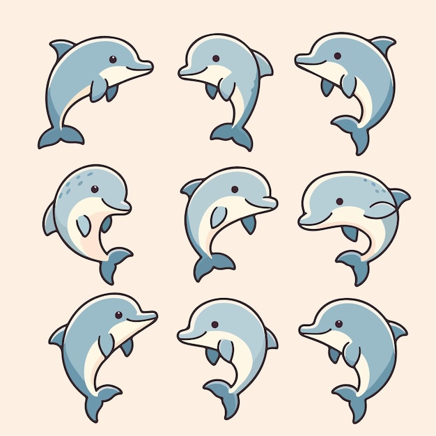 conjunto de ilustraciones de delfines en un estilo de dibujos animados plano simple