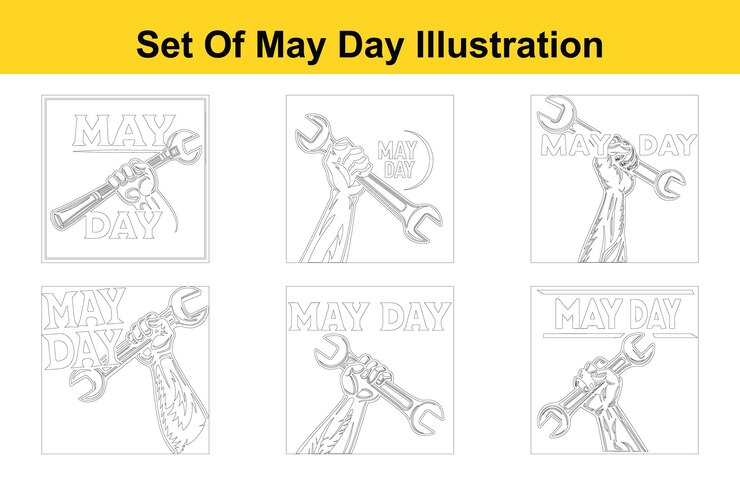 Vector conjunto de ilustraciones del día de mayo con llave inglesa en la mano