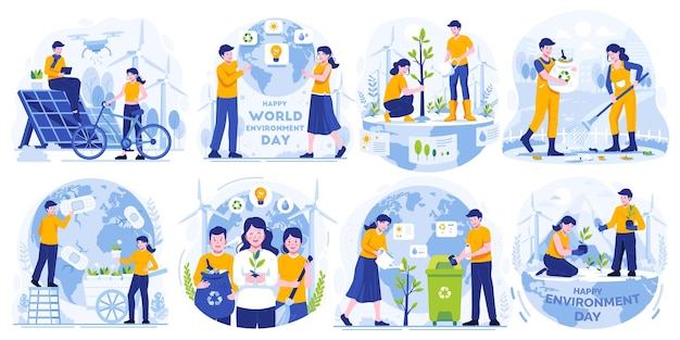 Conjunto de ilustraciones del Día Mundial del Medio Ambiente Personas que cuidan la Tierra