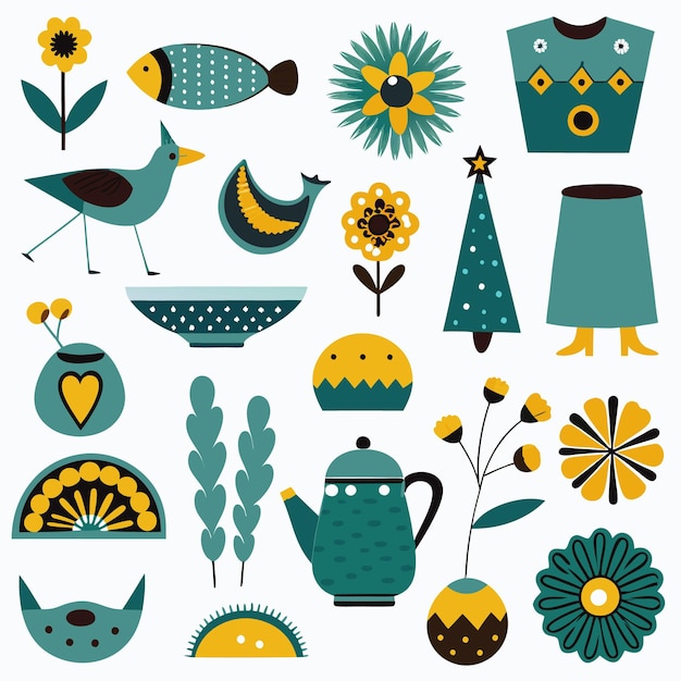 Conjunto de ilustraciones dibujadas a mano en amarillo y azul