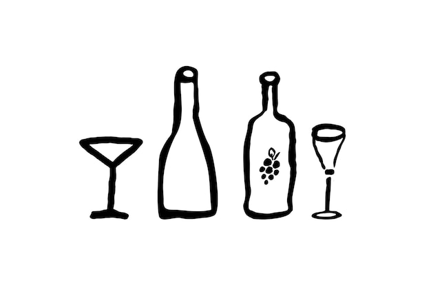Conjunto de ilustraciones dibujadas a mano de botellas de vino y vasos Ilustración de dibujo de líneas negras