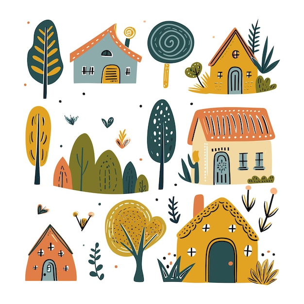 Conjunto de ilustraciones dibujadas a mano de casas y árboles estilizados con colores lúdicos