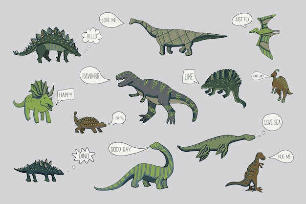 Vector conjunto de ilustraciones dibujadas a mano de doodle vectorial sin costuras de dinosaurio