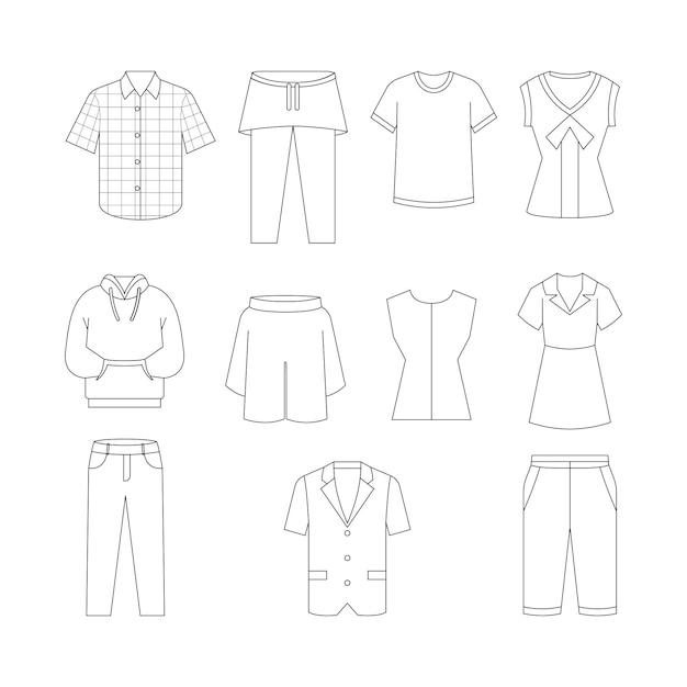 Conjunto de ilustraciones dibujadas a mano por vectores de varios tipos de ropa