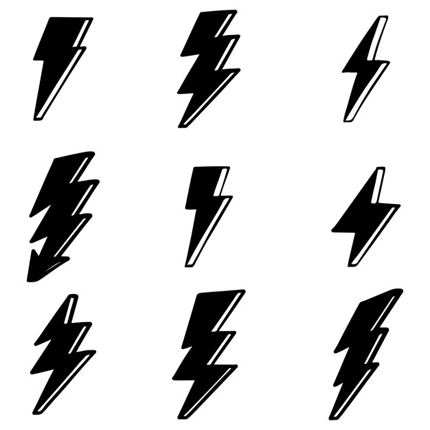 Conjunto de ilustraciones de dibujo de símbolo de rayo eléctrico doodle vector dibujado a mano. ilustración vectorial.