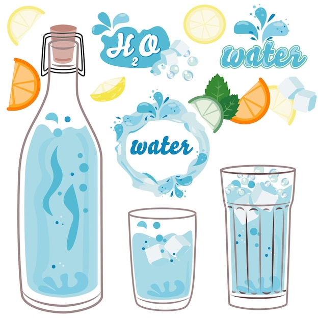 Vector conjunto de ilustraciones de dibujos animados de agua botella y vidrio