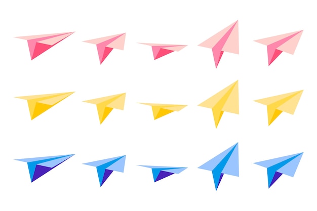 Conjunto de ilustraciones de dibujos animados con aviones de papel origami con vistas desde diferentes lados sobre fondo blanco.