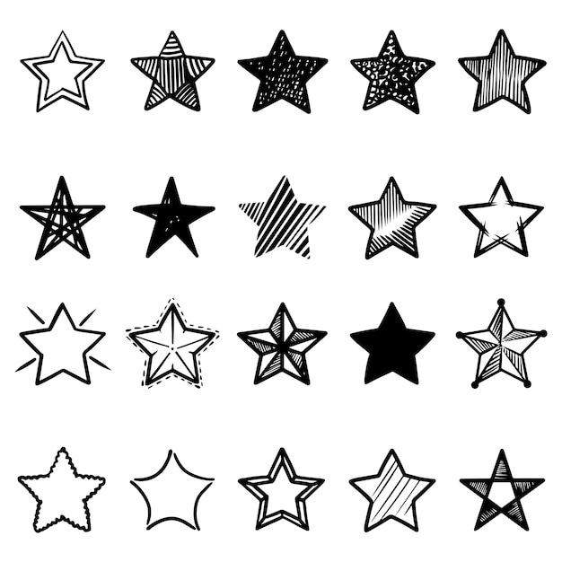 Conjunto de ilustraciones de dibujos animados de estrellas de doodle aisladas para el fondo