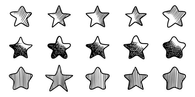 Conjunto de ilustraciones de dibujos animados de estrellas de garabato aisladas para carteles de fondo imprimir banners web.