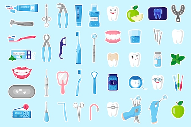 Conjunto de ilustraciones de dibujos animados de pegatinas con herramientas médicas, terapéuticas, quirúrgicas y de cuidado dental para el tratamiento dental, la cavidad bucal y el cuidado de los dientes. Concepto dental.