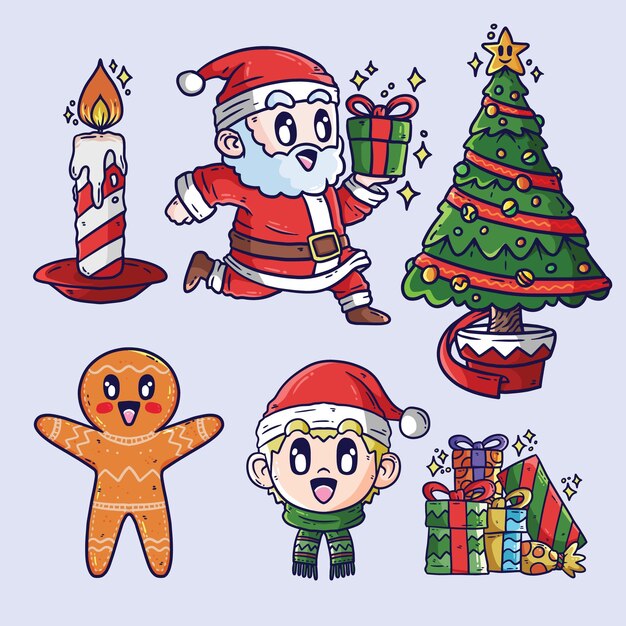 Conjunto de ilustraciones de dibujos animados vectoriales de Navidad