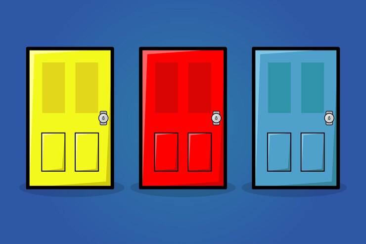 Conjunto de ilustraciones de dibujos animados vectoriales de puertas rojas, azules y amarillas.