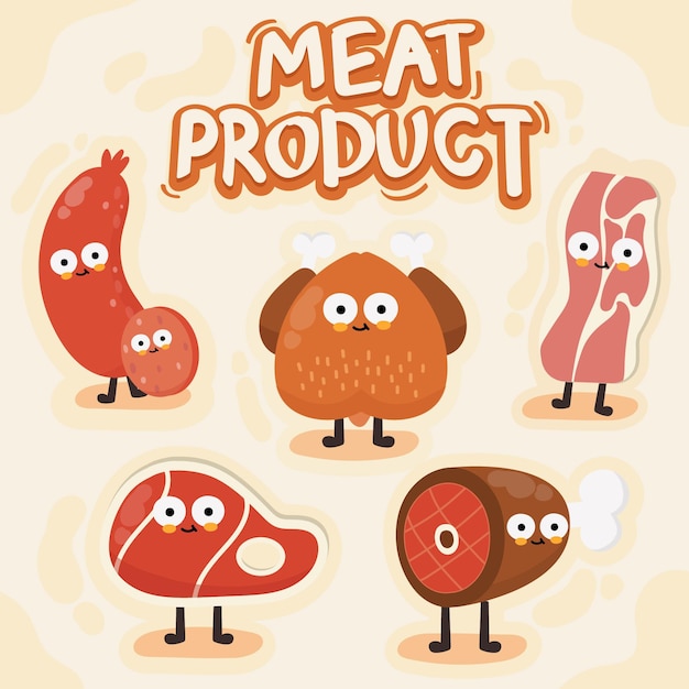 Conjunto de ilustraciones de diferentes productos a base de carne