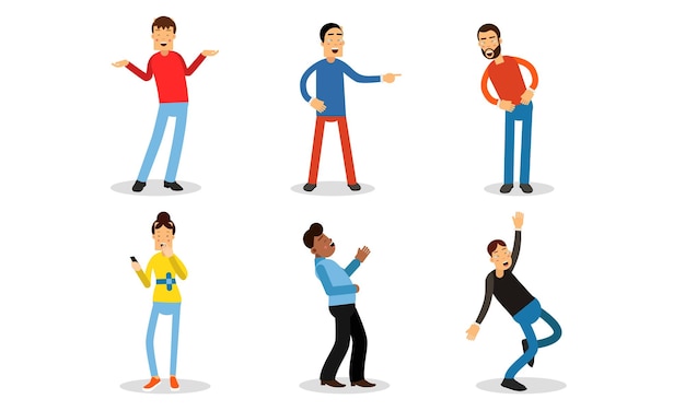 Conjunto de ilustraciones de diferentes situaciones con personas que se ríen Un hombre se ríe de una historia divertida llora de risa se burla de alguien Una mujer se riere de una imagen cómica en el teléfono