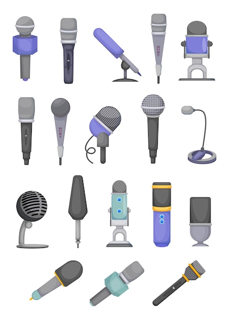 Conjunto de ilustraciones de diferentes tipos de micrófonos.