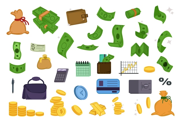 conjunto de ilustraciones de dinero de oro para inversiones y negocios