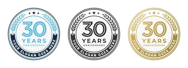 Conjunto de ilustraciones del diseño del círculo del logotipo del 30 aniversario aisladas en colores azul, negro y dorado