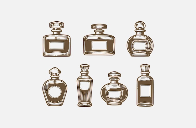 Conjunto de ilustraciones para el diseño del logotipo del estilo de grabado de botellas de perfume