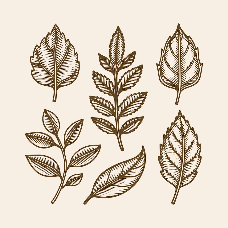Vector conjunto de ilustraciones de diseño de logotipo de estilo de grabado de hojas