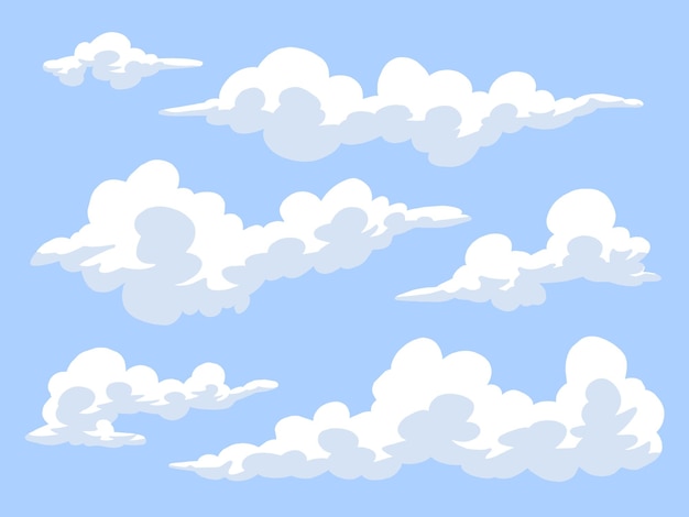 Conjunto de ilustraciones de diseño plano colección de nubes blancas con un fondo de cielo azul