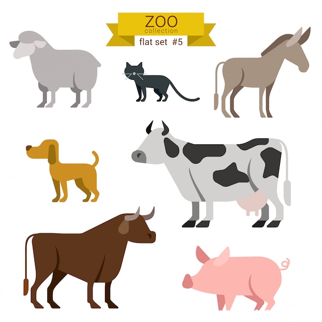Conjunto de ilustraciones de diseño plano de dibujos animados de animales.