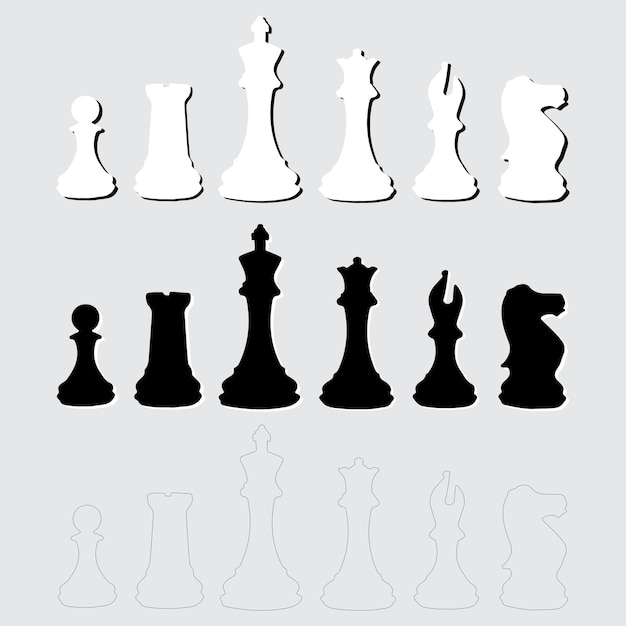 Conjunto de ilustraciones de diseño vectorial de piezas de ajedrez aisladas en fondo blanco