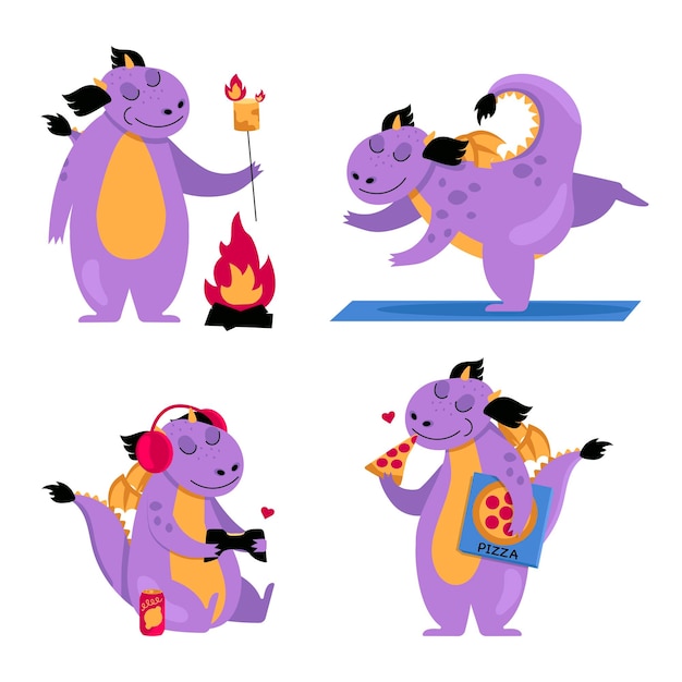 Conjunto de ilustraciones con un dragón gracioso Él come pizza asado malvaviscos hace yoga y juega