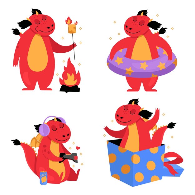 Conjunto de ilustraciones con un dragón gracioso que asada malvaviscos sobre un fuego, etc.