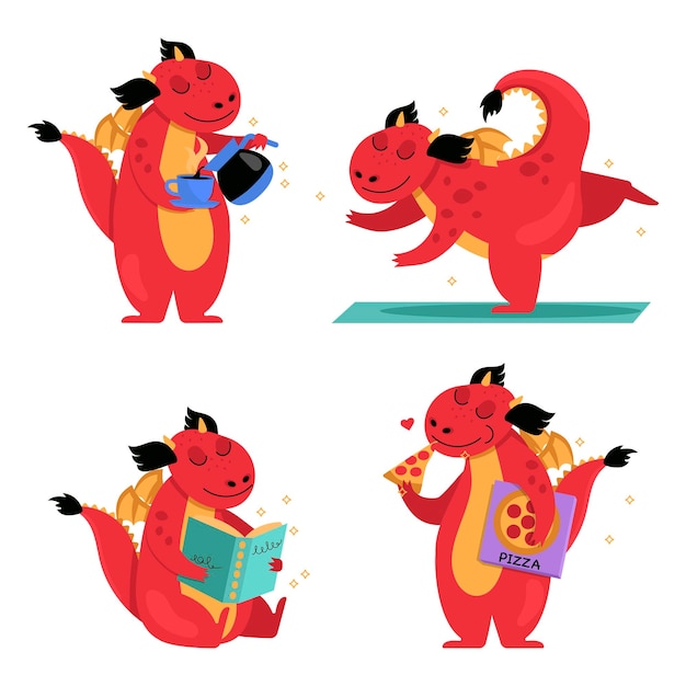 Vector conjunto de ilustraciones con un dragón gracioso él vierte café hace yoga lee un libro y come