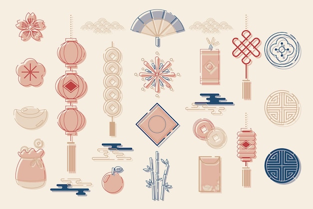Conjunto de ilustraciones de elementos dibujados a mano de elementos tradicionales asiáticos chinos rojos y dorados con contorno