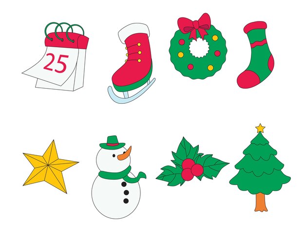 Conjunto de ilustraciones de elementos navideños adecuados para pegatinas y emojis y otras necesidades de diseño