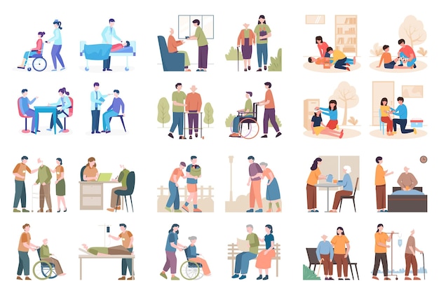 Conjunto de ilustraciones escenas de la vida diaria personajes diversos diseño plano colores pastel formas simples