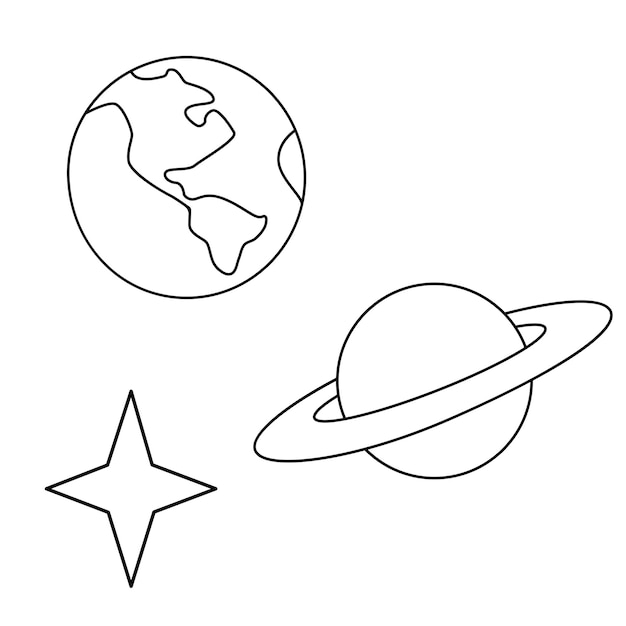 Vector conjunto de ilustraciones espaciales planetas dibujados a mano y estrellas aisladas en blanco